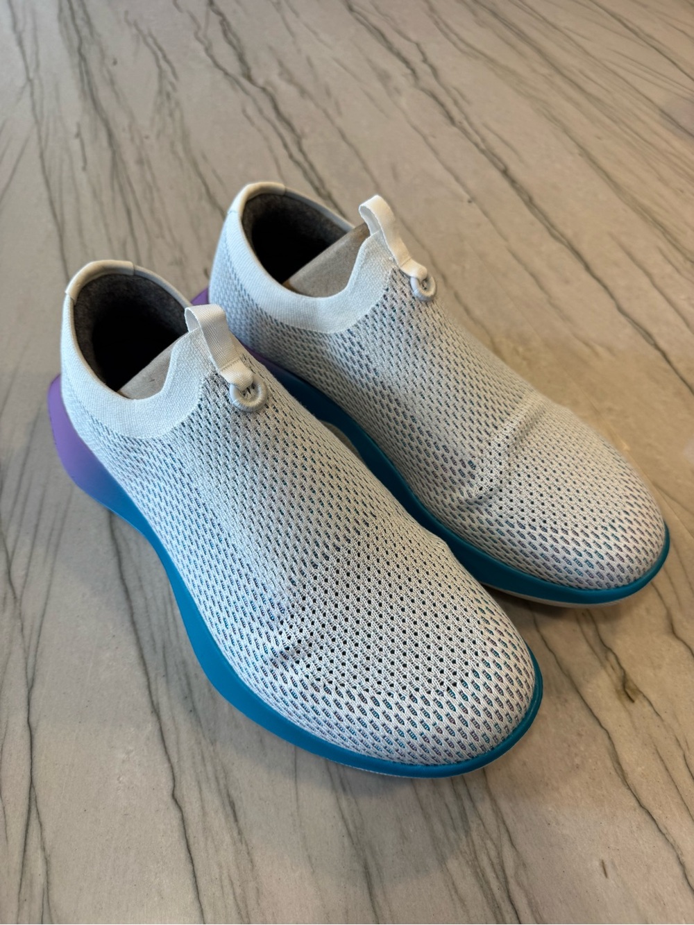 allbirds Men's Tree Dasher Relay Slip-On Knit Sneakers in White and Blue-Purple